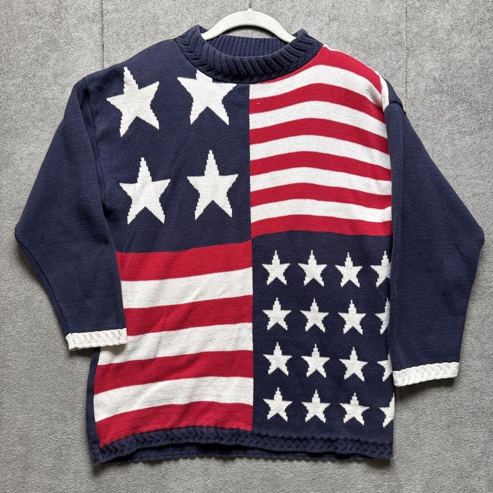 Vtg 90s Delia‎ McKain Sweater Women's Medium Flag Americana Stars Stripes USA